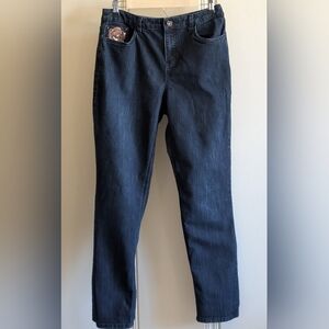 CHRISTOPHER & BANKS. SEQUIN ROSES. MID-RISE SLIGHTLY ANTIQUED. JEANS.